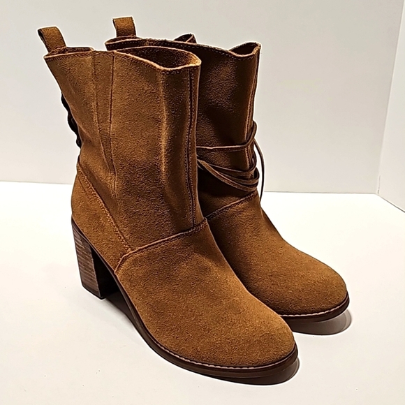 TOMS Mila Slouchy Tan Suede Ankle Booties Women’s 6.5 Block Heel Pull-On Boots - Picture 1 of 12